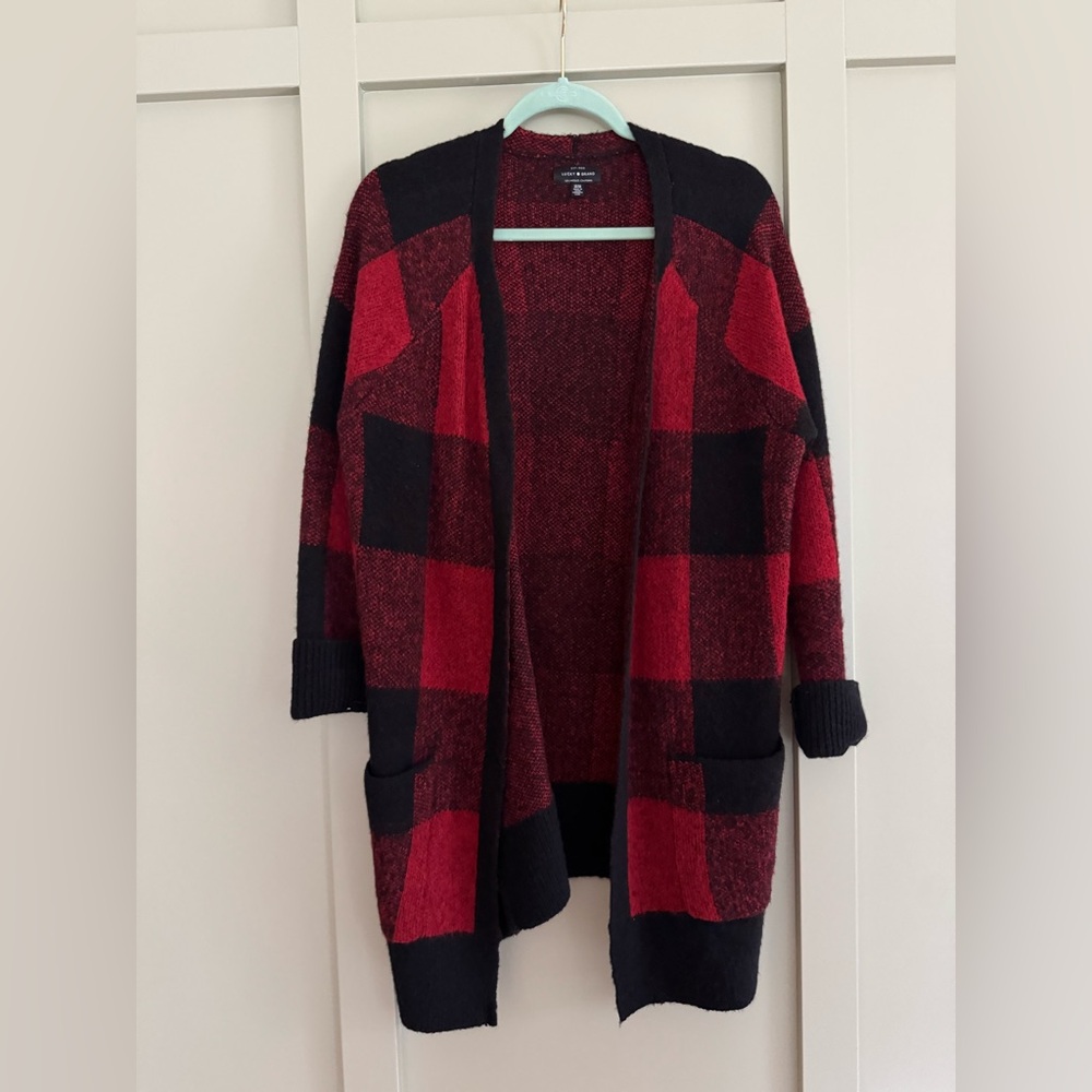 Lucky Brand- Plaid Open Front Cardigan Sweater - Red and Black